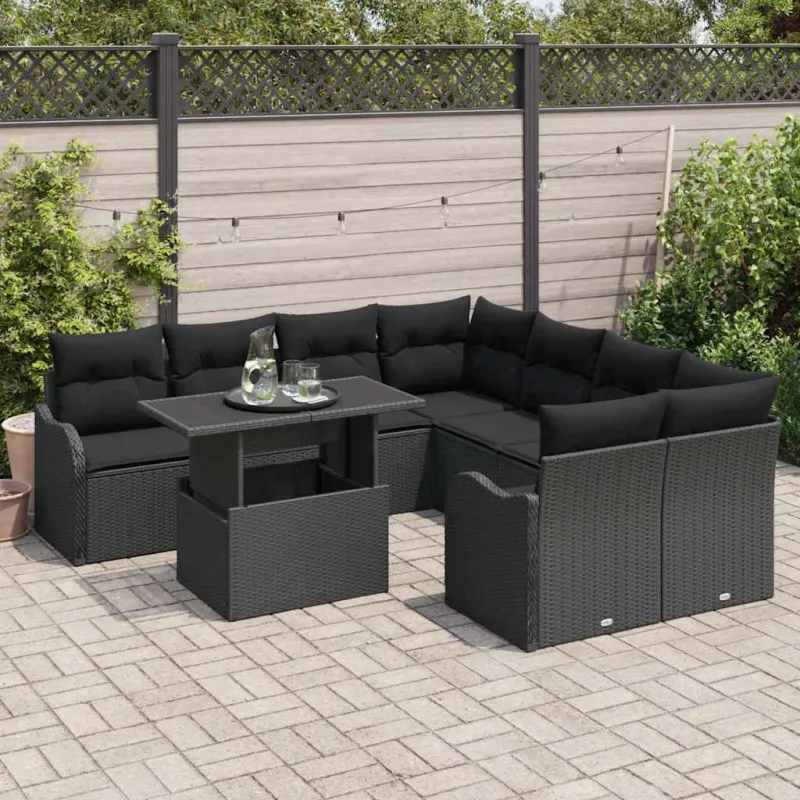 Sodo Sofų Rinkinys su pagalve 9 pcs Juoda Poliratanas