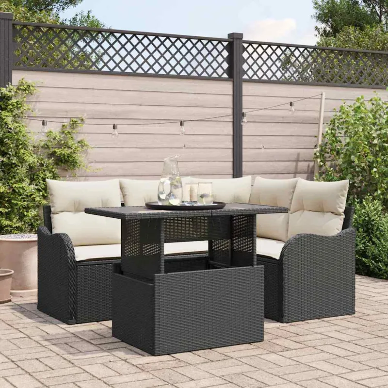 Sodo Sofų Rinkinys su pagalve 5 pcs Juoda Poli ratanas