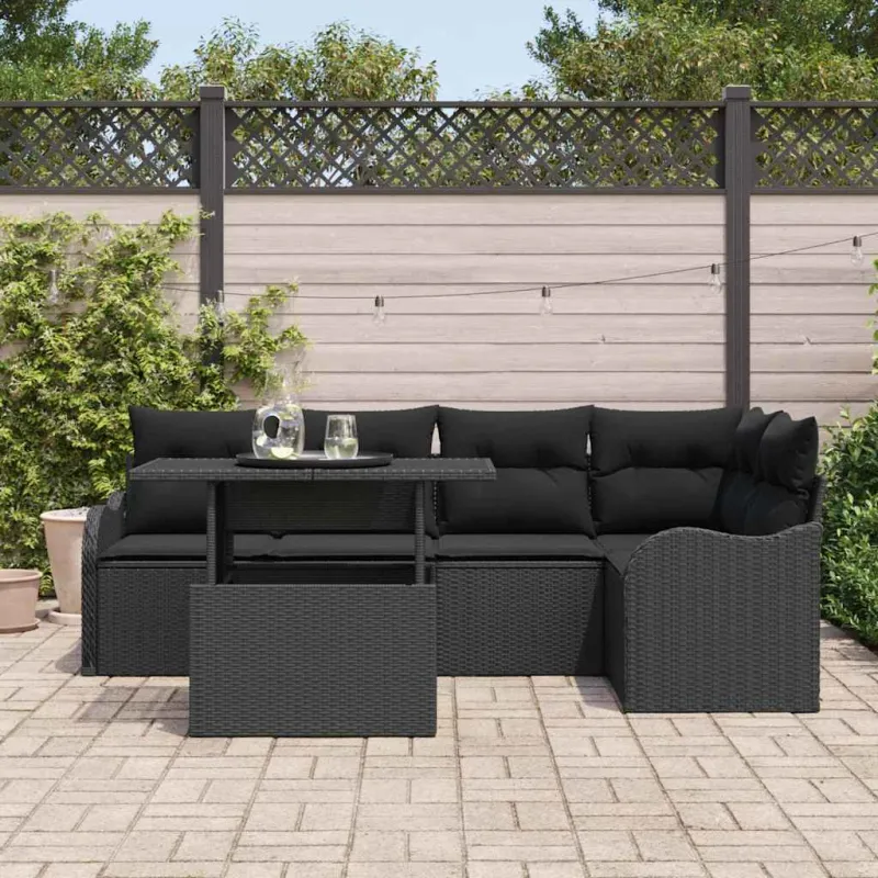 Sodo Sofų Rinkinys su pagalve 6 pcs Juoda Poli ratanas