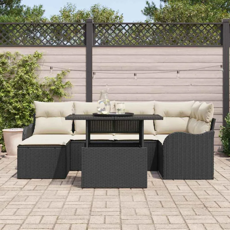 Sodo Sofų Rinkinys su pagalve 7 pcs Juoda Poli ratanas
