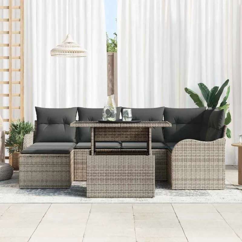 Sodo Sofų Rinkinys su pagalve 7 pcs Pilka Poli ratanas