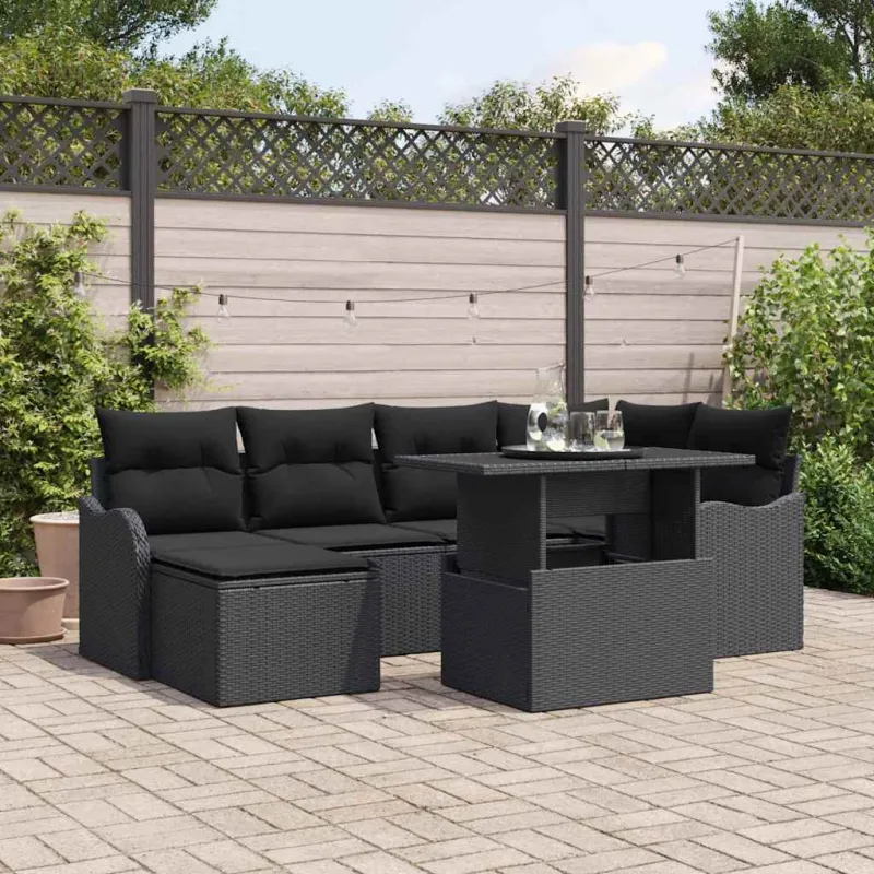 Sodo Sofų Rinkinys su pagalve 7 pcs Juoda Poli ratanas