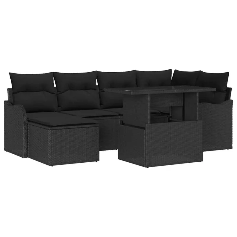 Sodo Sofų Rinkinys su pagalve 7 pcs Juoda Poli ratanas