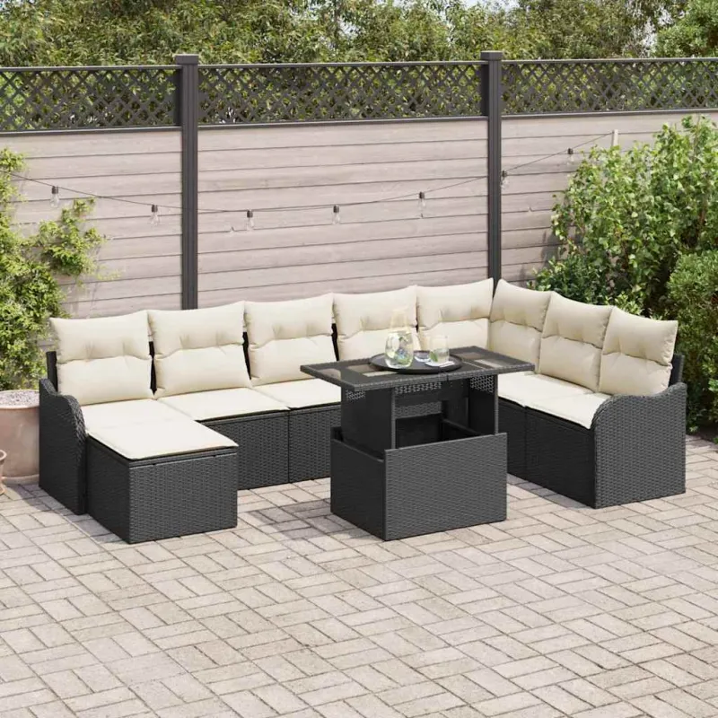 Sodo Sofų Rinkinys su pagalve 9 pcs Juoda Poli ratanas