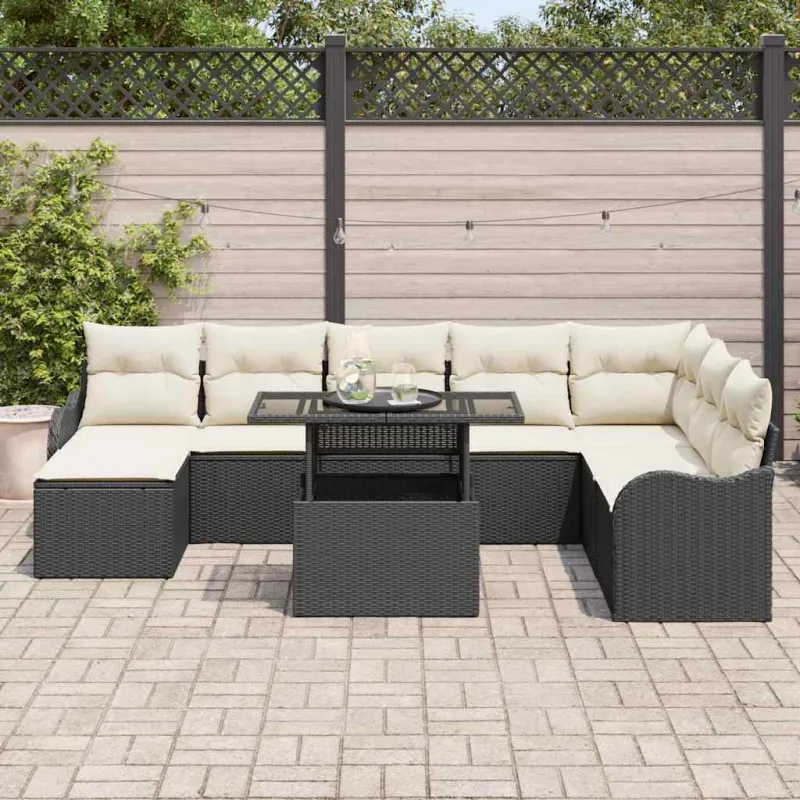Sodo Sofų Rinkinys su pagalve 9 pcs Juoda Poli ratanas
