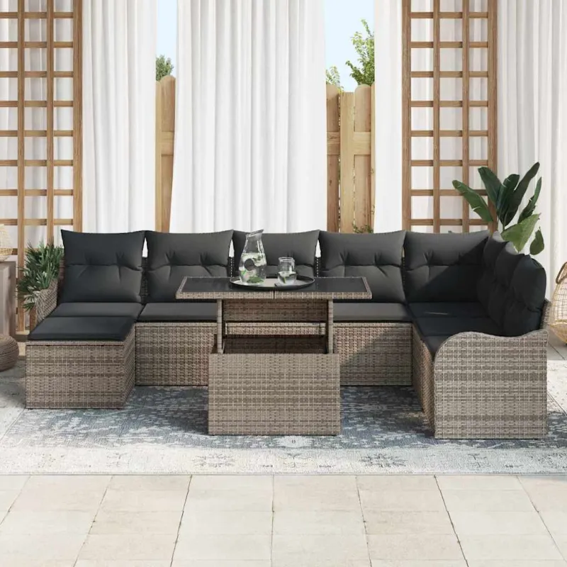 Sodo Sofų Rinkinys su pagalve 9 pcs Pilka Poli ratanas