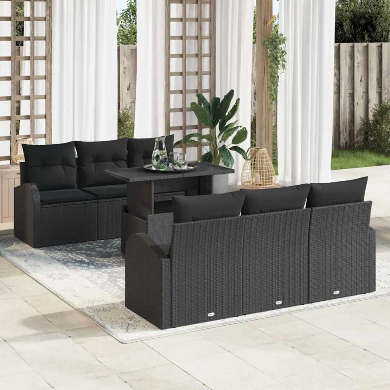 Sodo Sofų Rinkinys su pagalve 7 pcs Juoda Poli ratanas