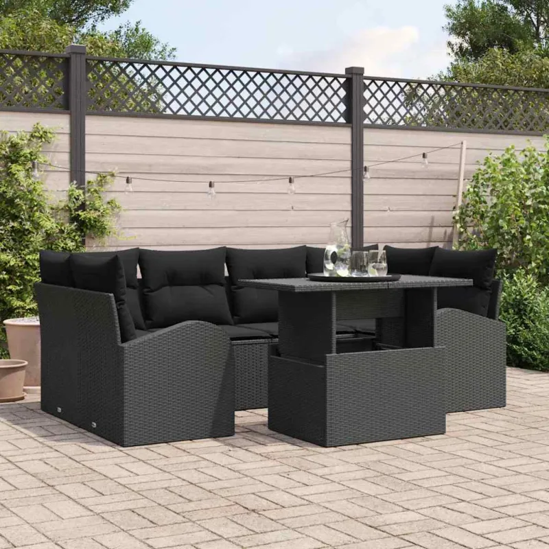 Sodo Sofų Rinkinys su pagalve 7 pcs Juoda Poli ratanas