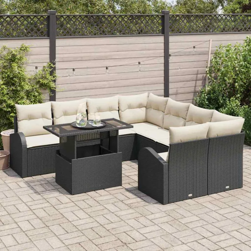 Sodo Sofų Rinkinys su pagalve 9 pcs Juoda Poli ratanas