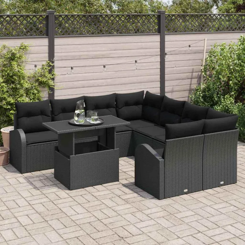 Sodo Sofų Rinkinys su pagalve 9 pcs Juoda Poli ratanas