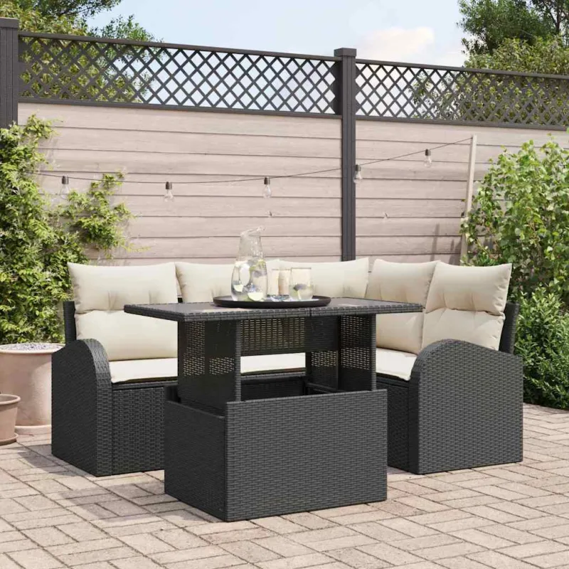 Sodo Sofų Rinkinys su pagalve 5 pcs Juoda Poli ratanas
