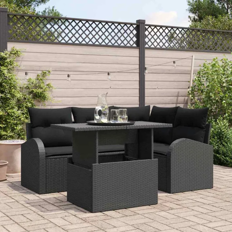 Sodo Sofų Rinkinys su pagalve 5 pcs Juoda Poli ratanas