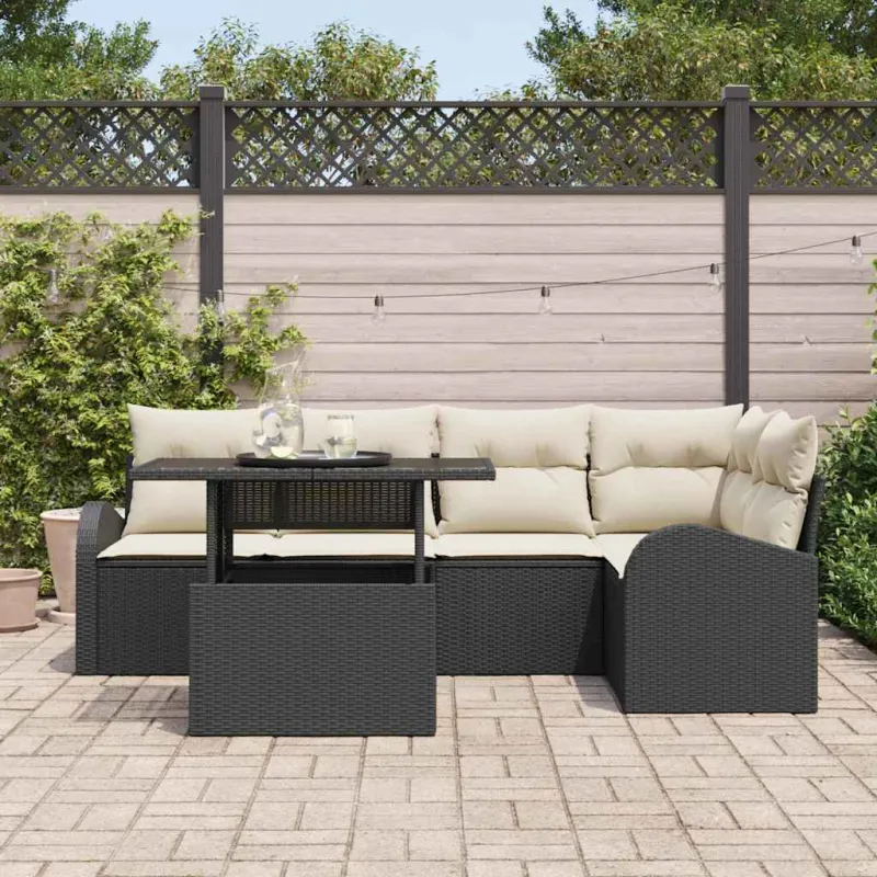 Sodo Sofų Rinkinys su pagalve 6 pcs Juoda Poli ratanas