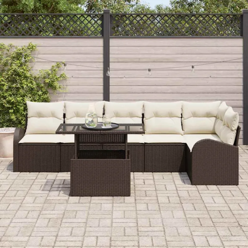 Sodo Sofų Rinkinys su pagalve 7 pcs Ruda Poli ratanas