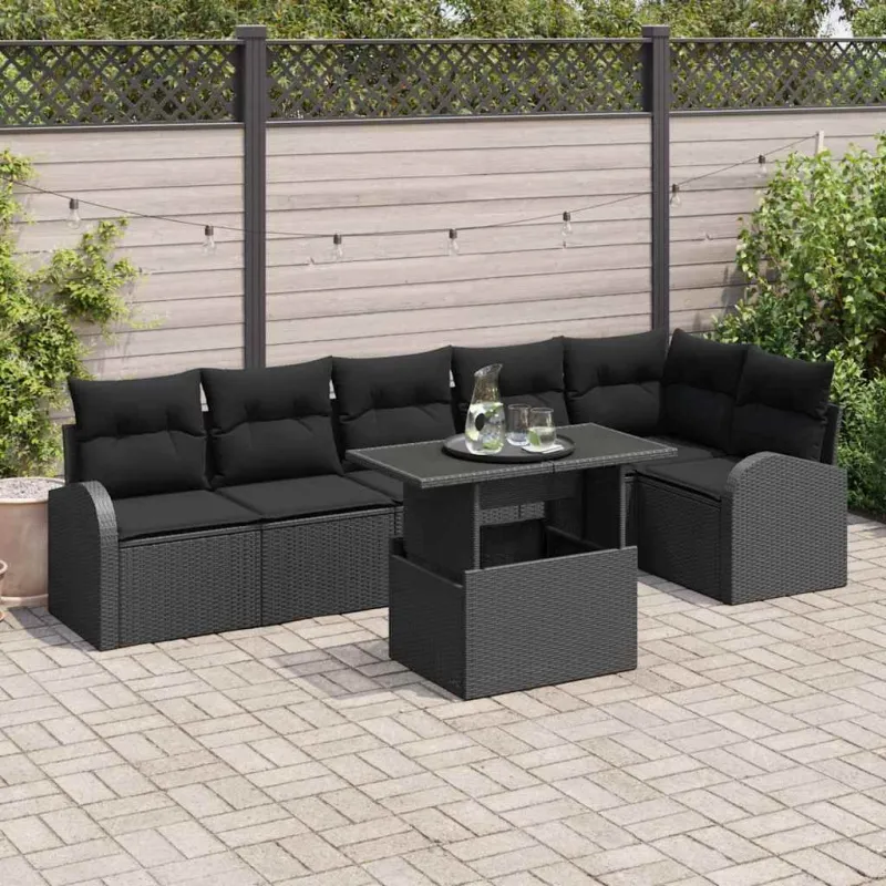 Sodo Sofų Rinkinys su pagalve 7 pcs Juoda Poli ratanas