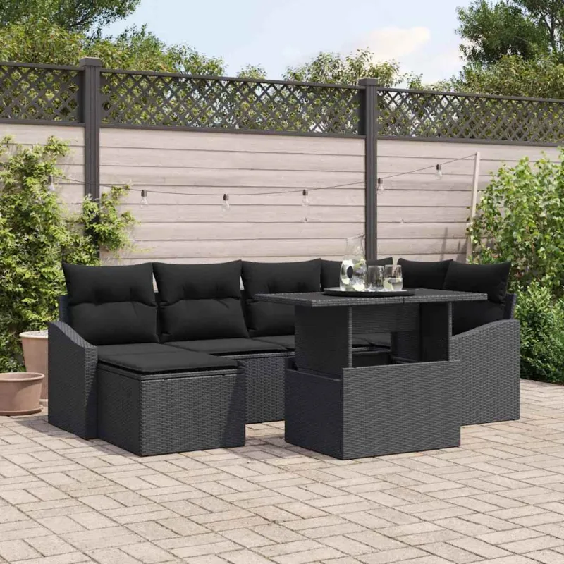 Sodo Sofų Rinkinys su pagalve su saugykla 7 pcs Juoda