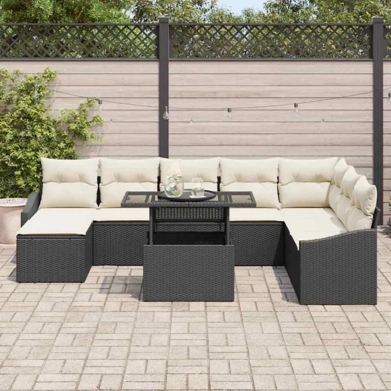 Sodo Sofų Rinkinys su pagalve 9 pcs Juoda ir kreminė