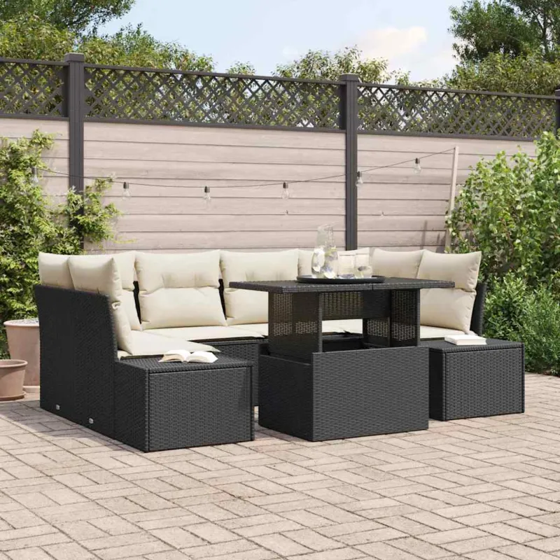 Sodo Sofų Rinkinys su pagalve 7 pcs Juoda ir kreminė