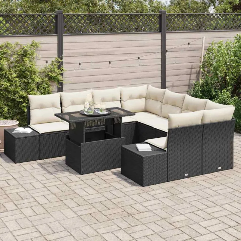 Sodo Sofų Rinkinys 9 pcs Juoda ir kreminė poliratanas