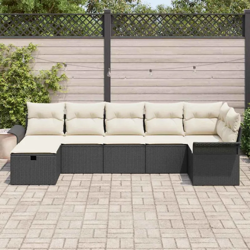 Sodo Sofų Rinkinys 7 pcs Juoda ir kreminė poliratanas