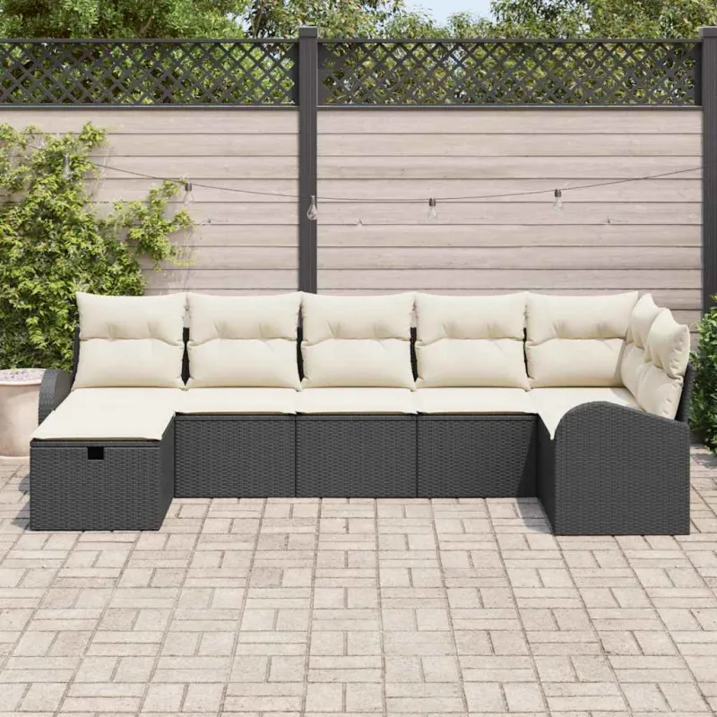 Sofos komplektas su pagalve 7 pcs Juoda ir kreminė poliratanas