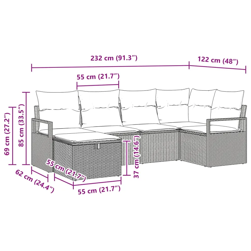 Sofos komplektas su pagalve 6 pcs Juoda ir turkio poliratanas