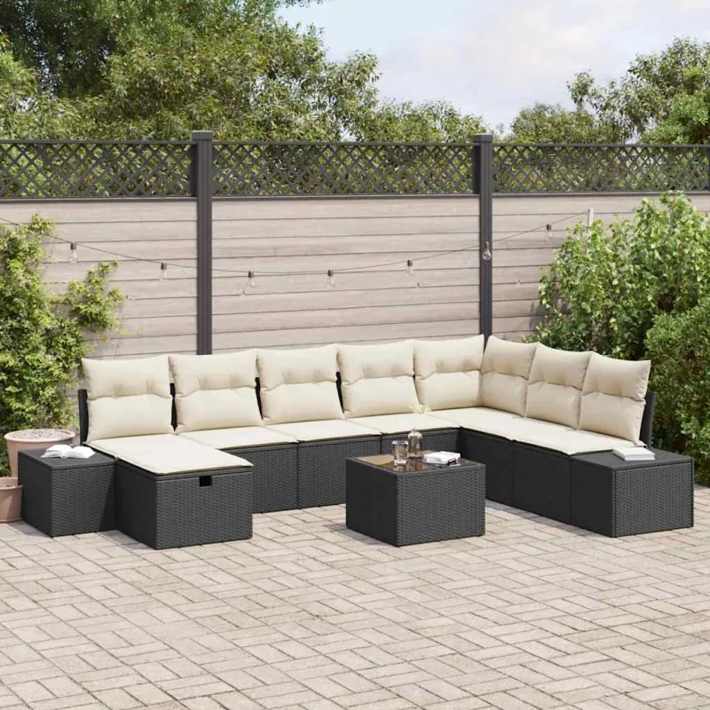 Sodo Sofų Rinkinys su pagalve 9 pcs Juoda Poli ratanas