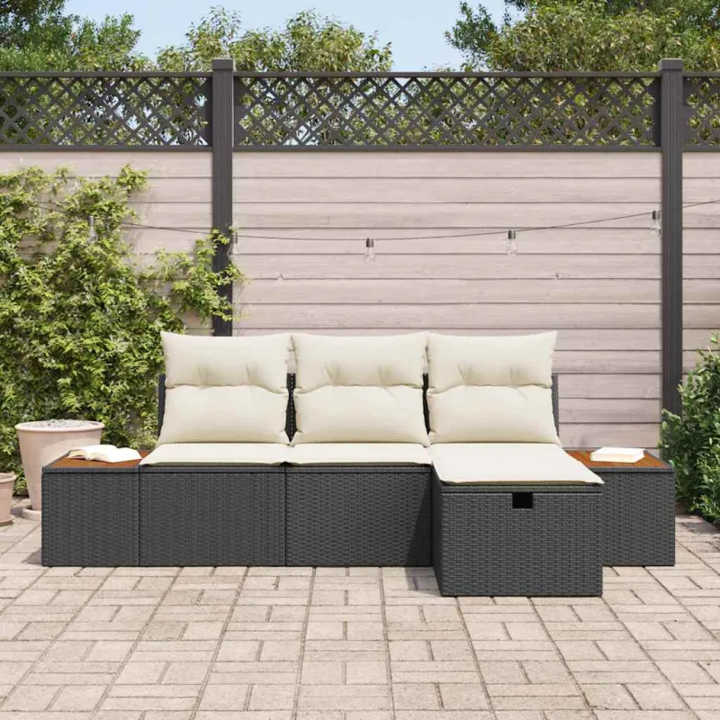 Sodo Sofų Rinkinys su pagalve 4 pcs Juoda poliratanas