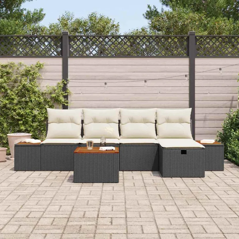 Sodo Sofų Rinkinys su pagalve 6 pcs Juoda Poli ratanas