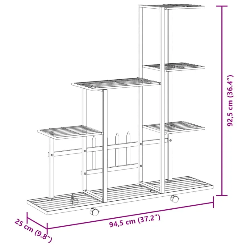 Stovas augalams su ratukais, juodas, 94,5x25x92,5cm, metalas