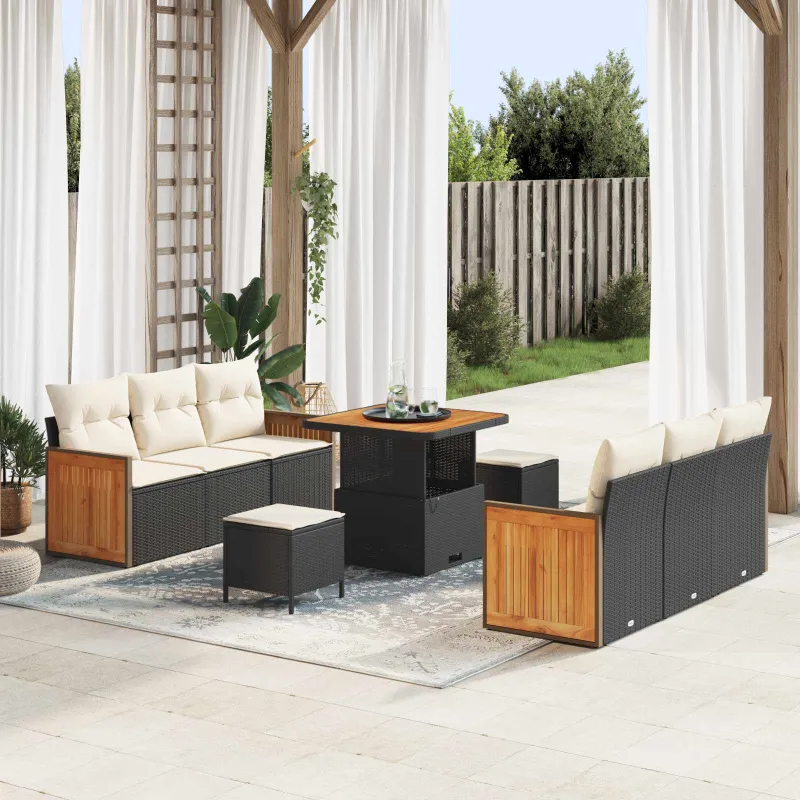 Sodo Sofų Rinkinys su pagalve 9 pcs Juoda ir kreminė