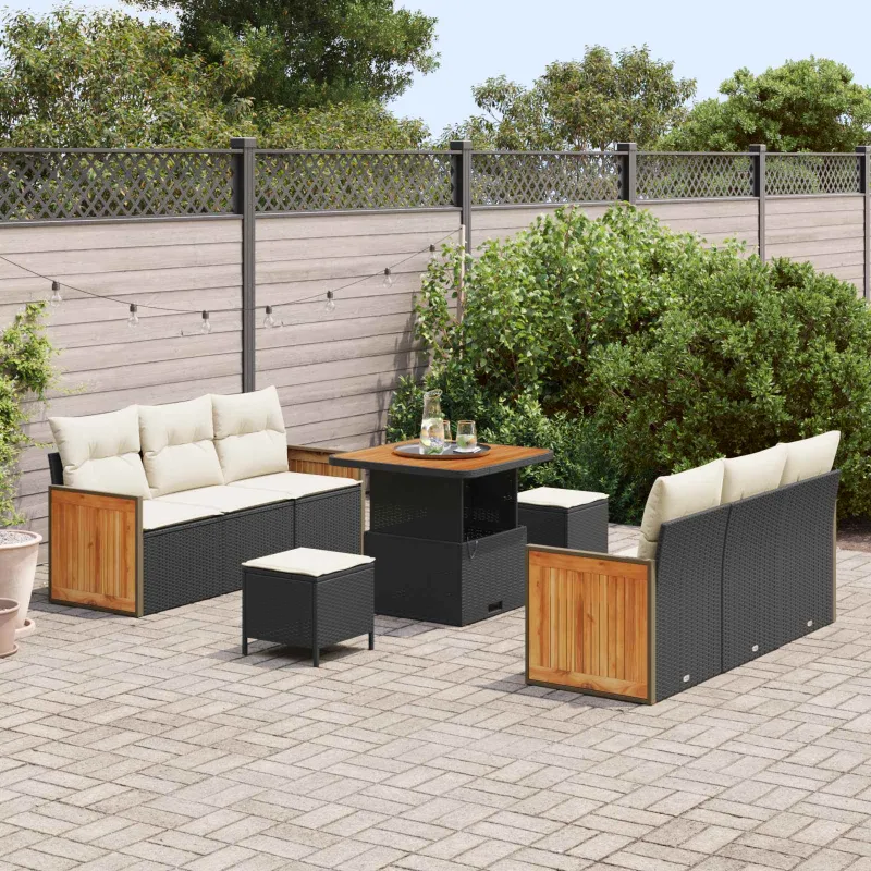 Sodo Sofų Rinkinys su pagalve 9 pcs Juoda ir kreminė
