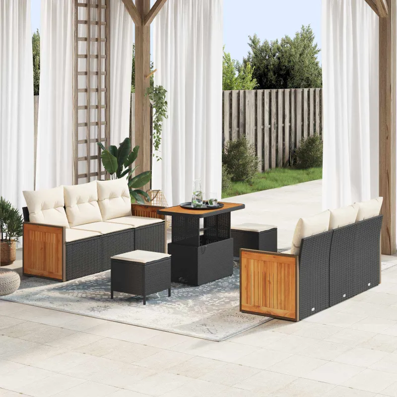 Sodo Sofų Rinkinys su pagalve 9 pcs Juoda ir kreminė