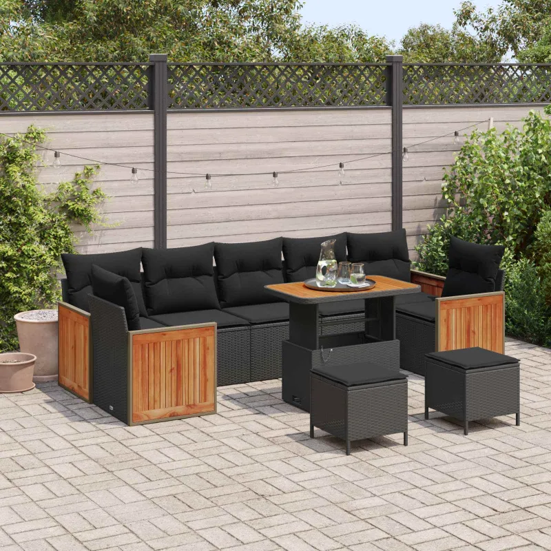 Sodo Sofų Rinkinys su pagalve 10 pcs Juoda