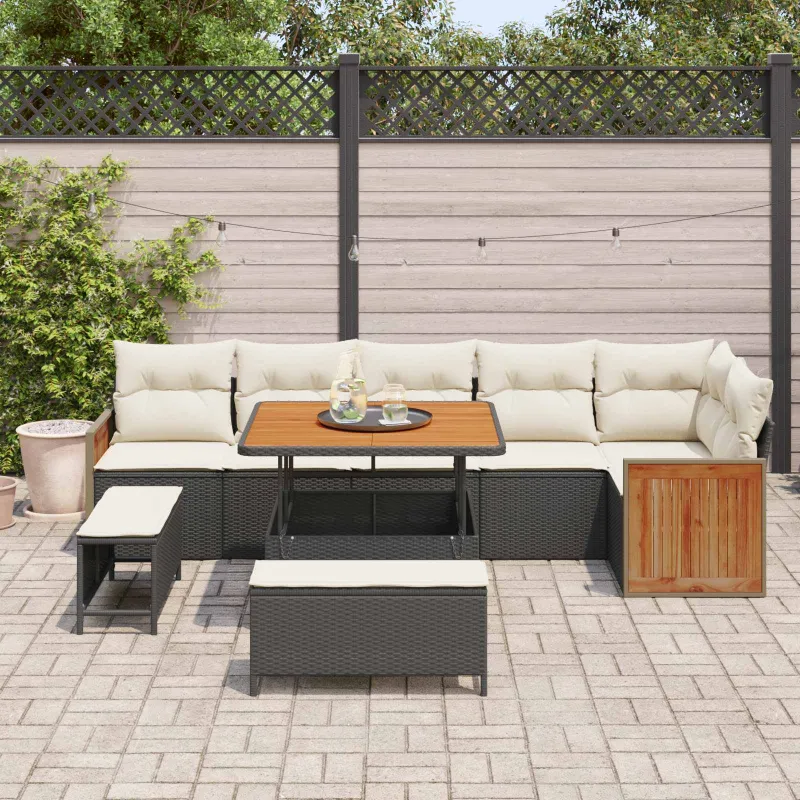 Sodo Sofų Rinkinys su pagalve 9 pcs Juoda ir kreminė
