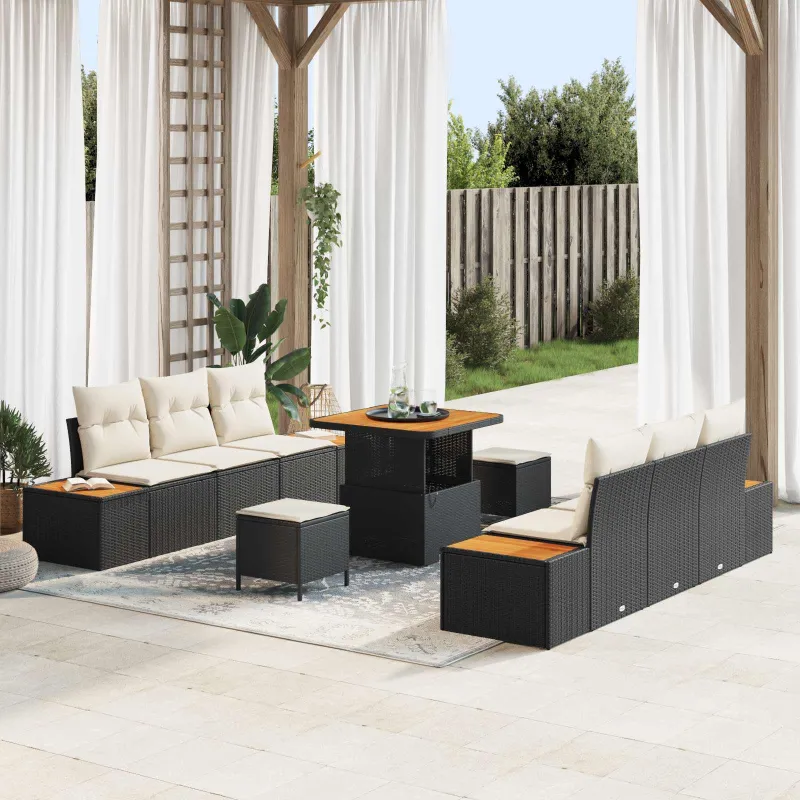 Sodo Sofų Rinkinys su pagalve 9 pcs Juoda ir kreminė