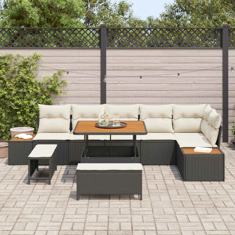 Sodo Sofų Rinkinys su pagalve 9 pcs Juoda ir kreminė