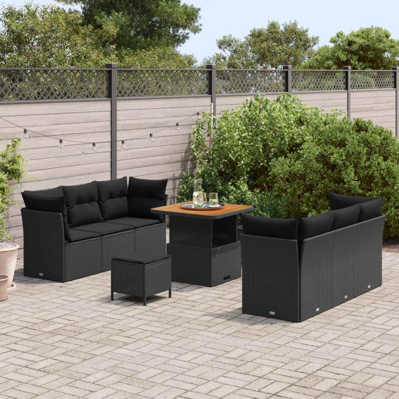 Sodo Sofų Rinkinys su pagalve 9 pcs Juoda poliratanas