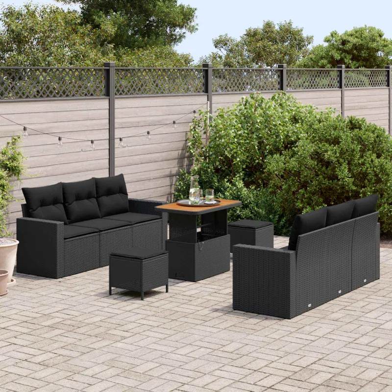 Sodo Sofų Rinkinys su pagalve su saugykla 9 pcs Juoda