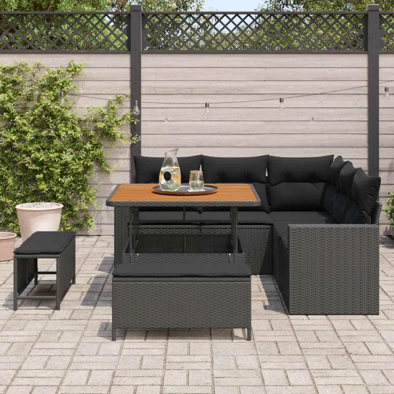 Sodo Sofų Rinkinys su pagalve 9 pcs Juoda poliratanas