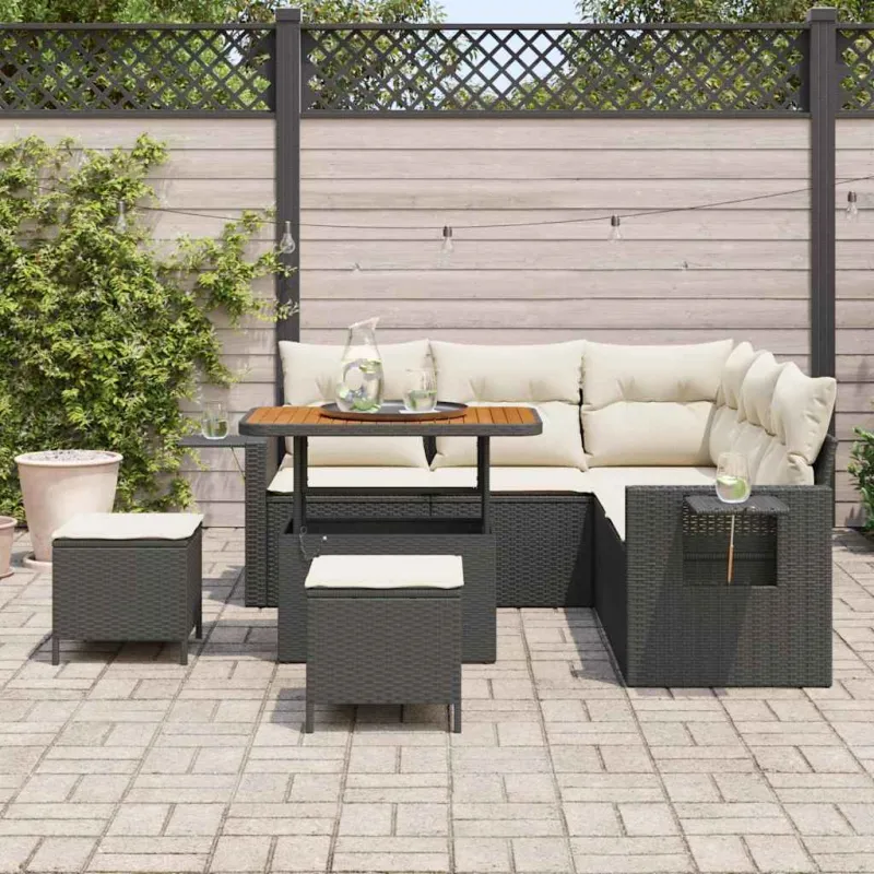 Sodo Sofų Rinkinys 9 pcs Juoda ir kreminė poliratanas
