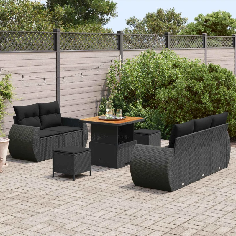 Sodo Sofų Rinkinys su pagalve 8 pcs Juoda poliratanas