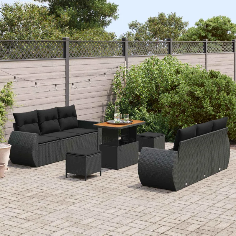 Sodo Sofų Rinkinys su pagalve 9 pcs Juoda poliratanas