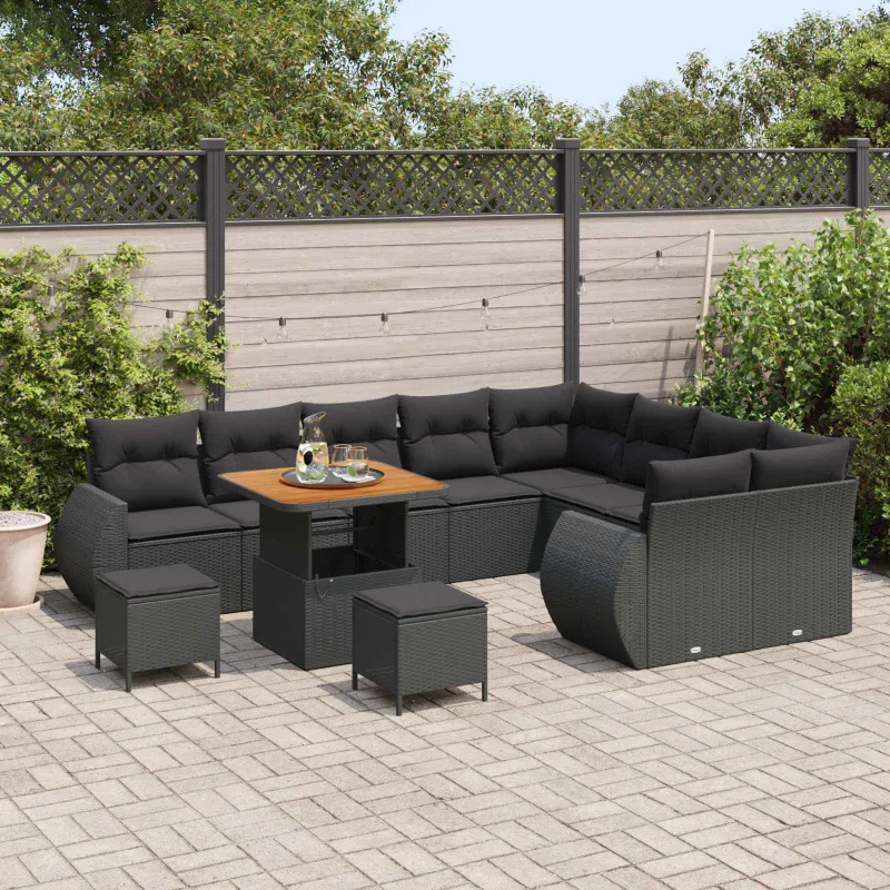 Sodo Sofų Rinkinys su pagalve 12 pcs Juoda Poli ratanas