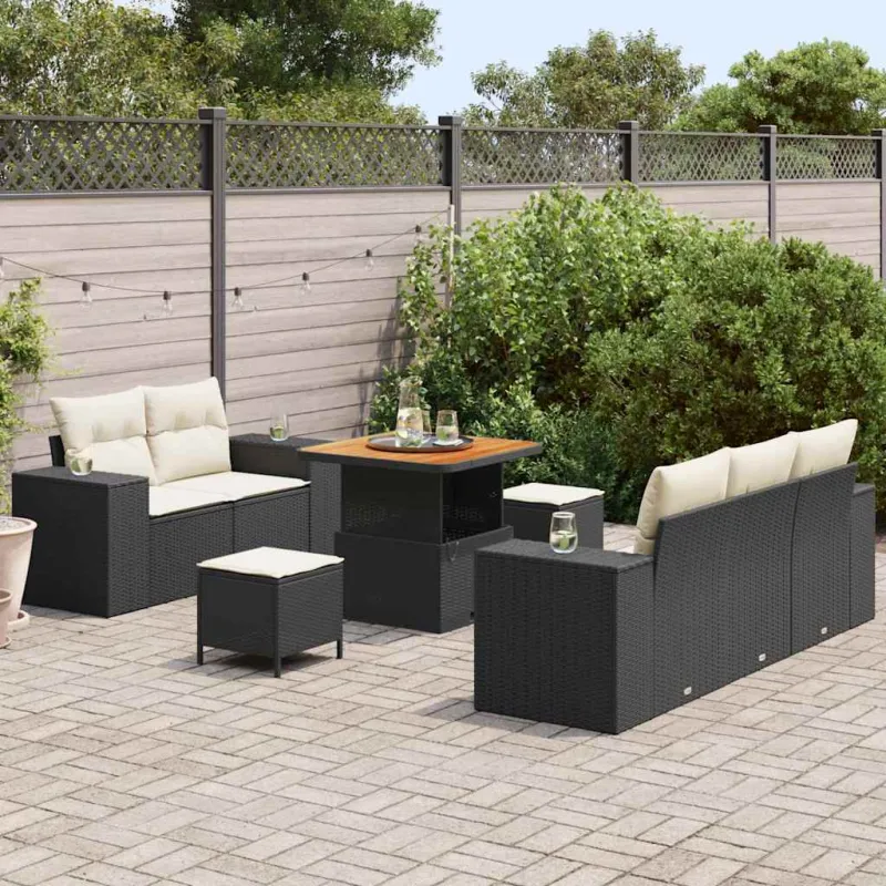 Sodo Sofų Rinkinys 8 pcs Juoda ir kreminė Poli ratanas