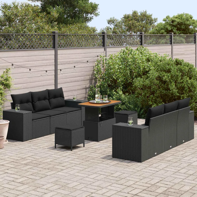 Sodo Sofų Rinkinys su pagalve 9 pcs Juoda Poli ratanas