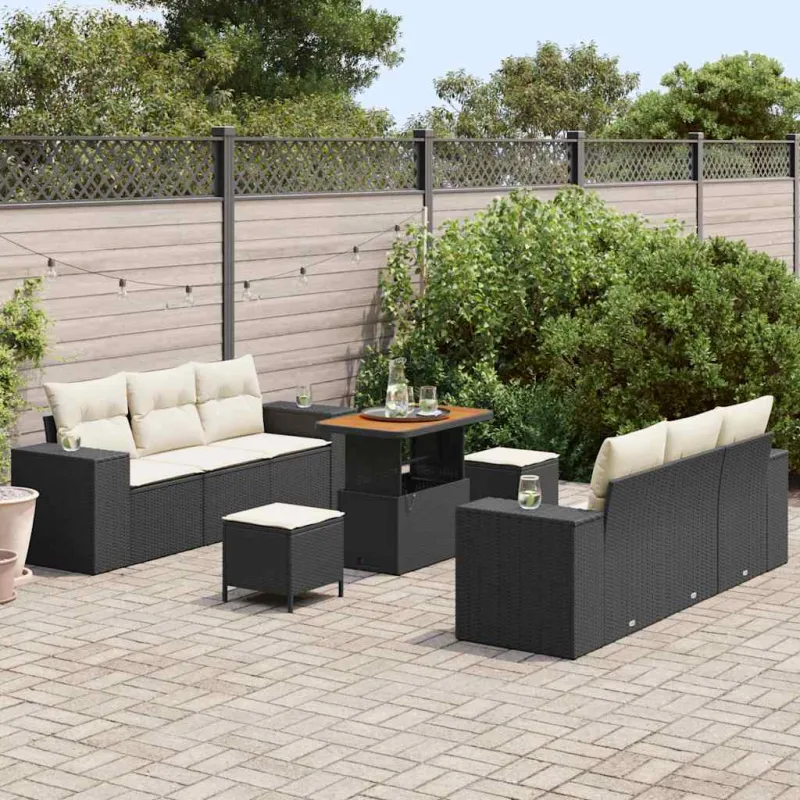 Sodo Sofų Rinkinys 9 pcs Juoda ir kreminė Poli ratanas