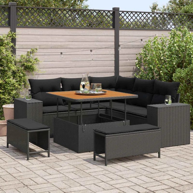 Sodo Sofų Rinkinys su pagalve 8 pcs Juoda poliratanas
