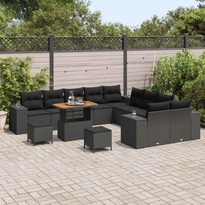 Sodo Sofų Rinkinys su pagalve 13 pcs Juoda poliratanas