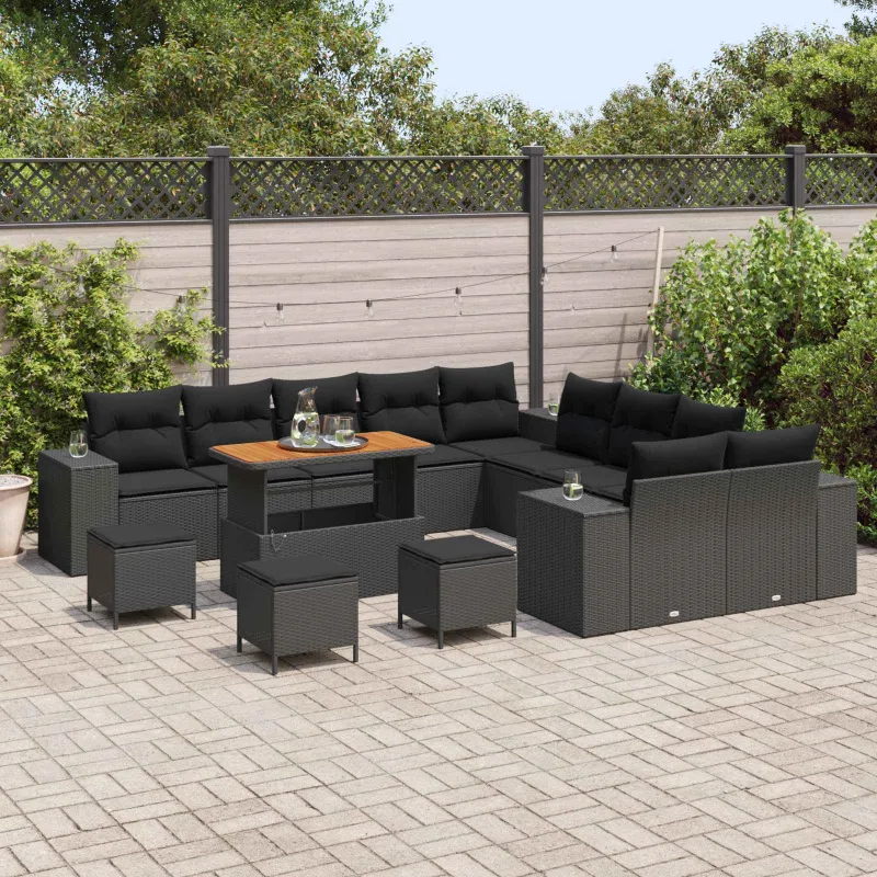 Sodo Sofų Rinkinys su pagalve 14 pcs Juoda poliratanas